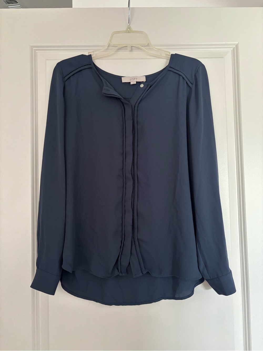 LOFT Slate Blue Ruffle-Trim Long Sleeve Blouse